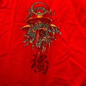 Y2K Dragon on Mushroom Red Cropped Short Sleeve T-shirt Sz Large 100% Cotton